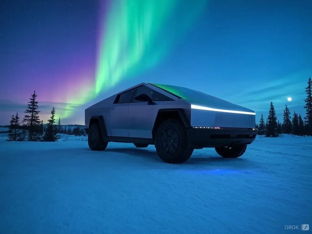 Prompt: Generate an image of a Tesla Cybertruck under an aurora.