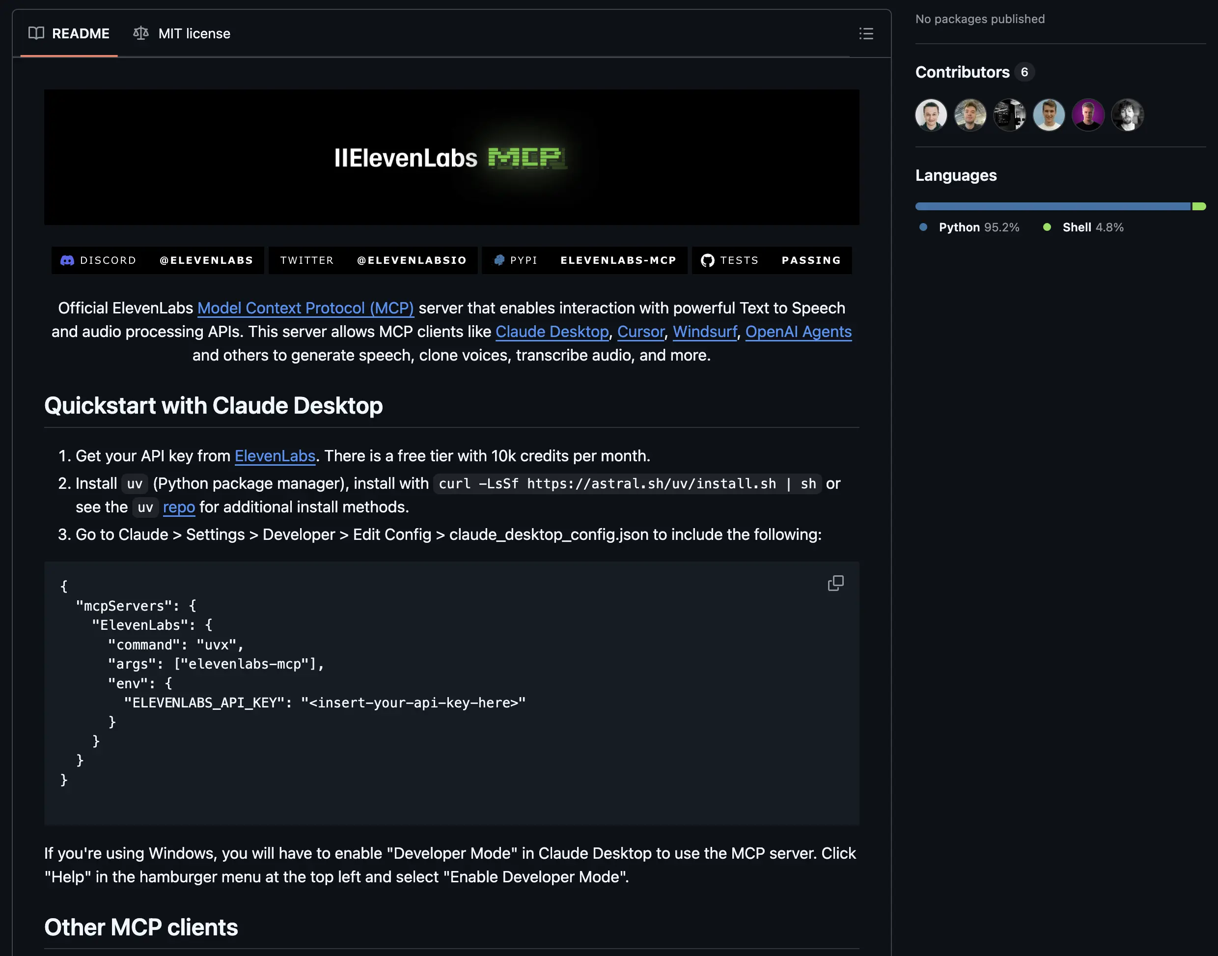 ElevenLabs MCP server on GitHub